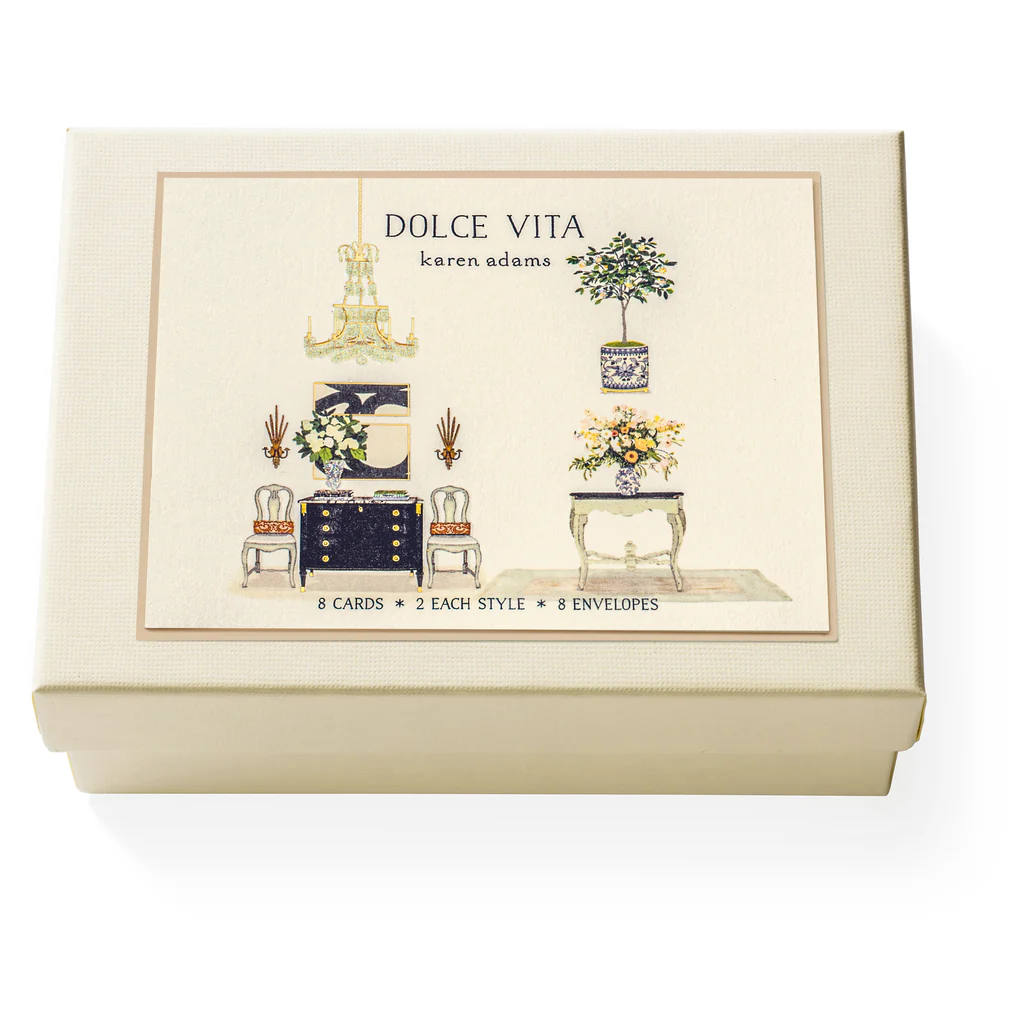 Dolce Vita card set packaging with illustrations of furniture and decor on a white background