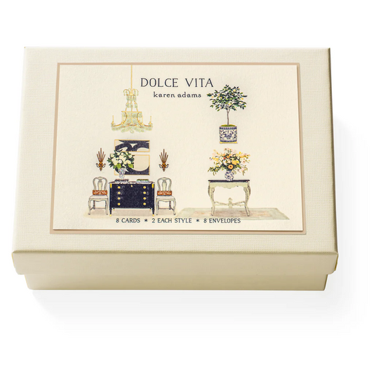 Dolce Vita card set packaging with illustrations of furniture and decor on a white background