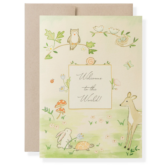 Greeting card with forest animals and 'Welcome to the World!' text on a light green background.
