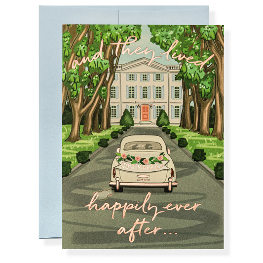 Card with illustration of a car, house, and trees with 'happily ever after' text.
