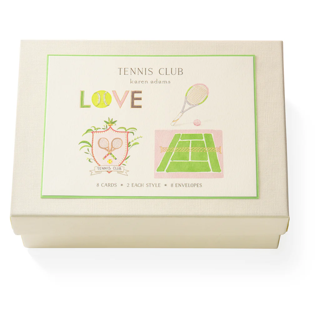 Tennis-themed card set packaging with illustrations of a racket, ball, and court on a white background.