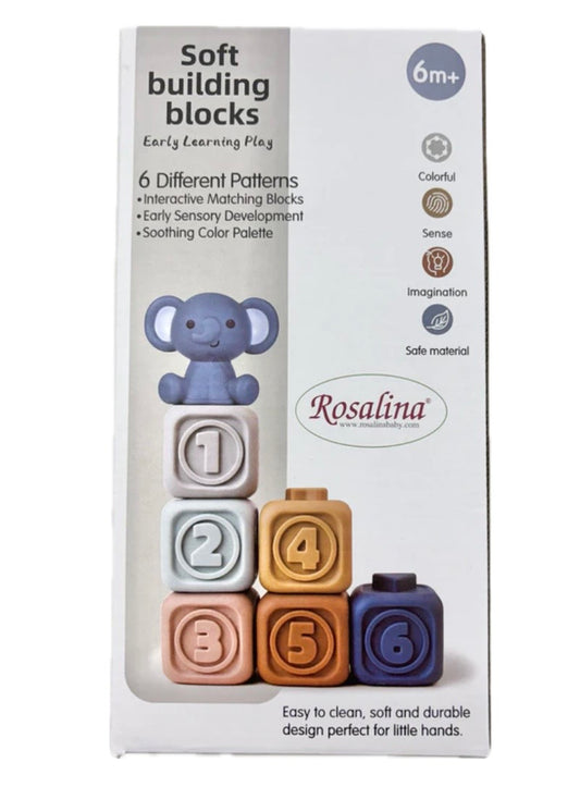 Box of Rosalina soft building blocks with educational text on a white background