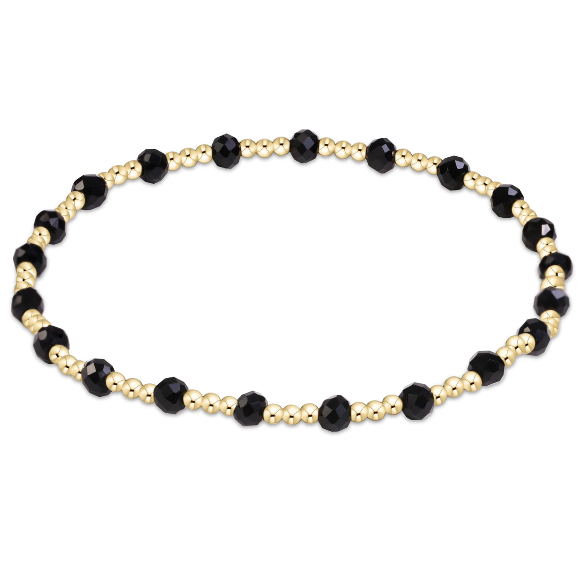 An enewton gameday flirty sincerity beaded stretch bracelet featuring alternating faceted black beads and small metallic gold beads, displayed on a clean white background.