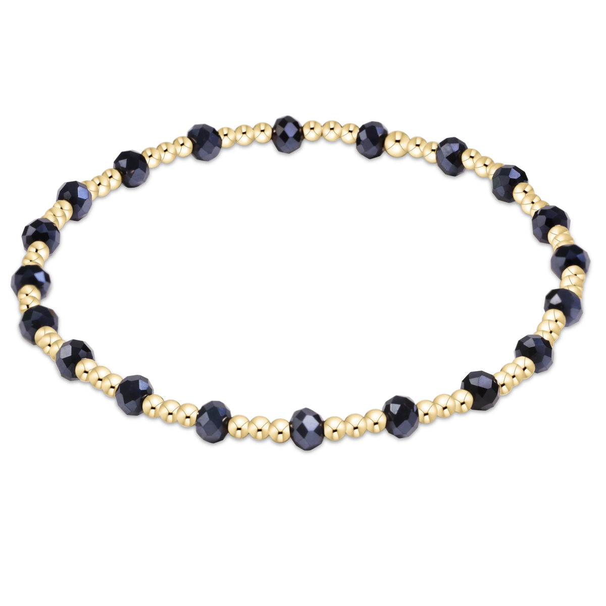 A beaded enewton gameday flirty sincerity stretch bracelet featuring faceted dark navy blue beads alternating with small metallic gold spacer beads, shown on a clean white background.