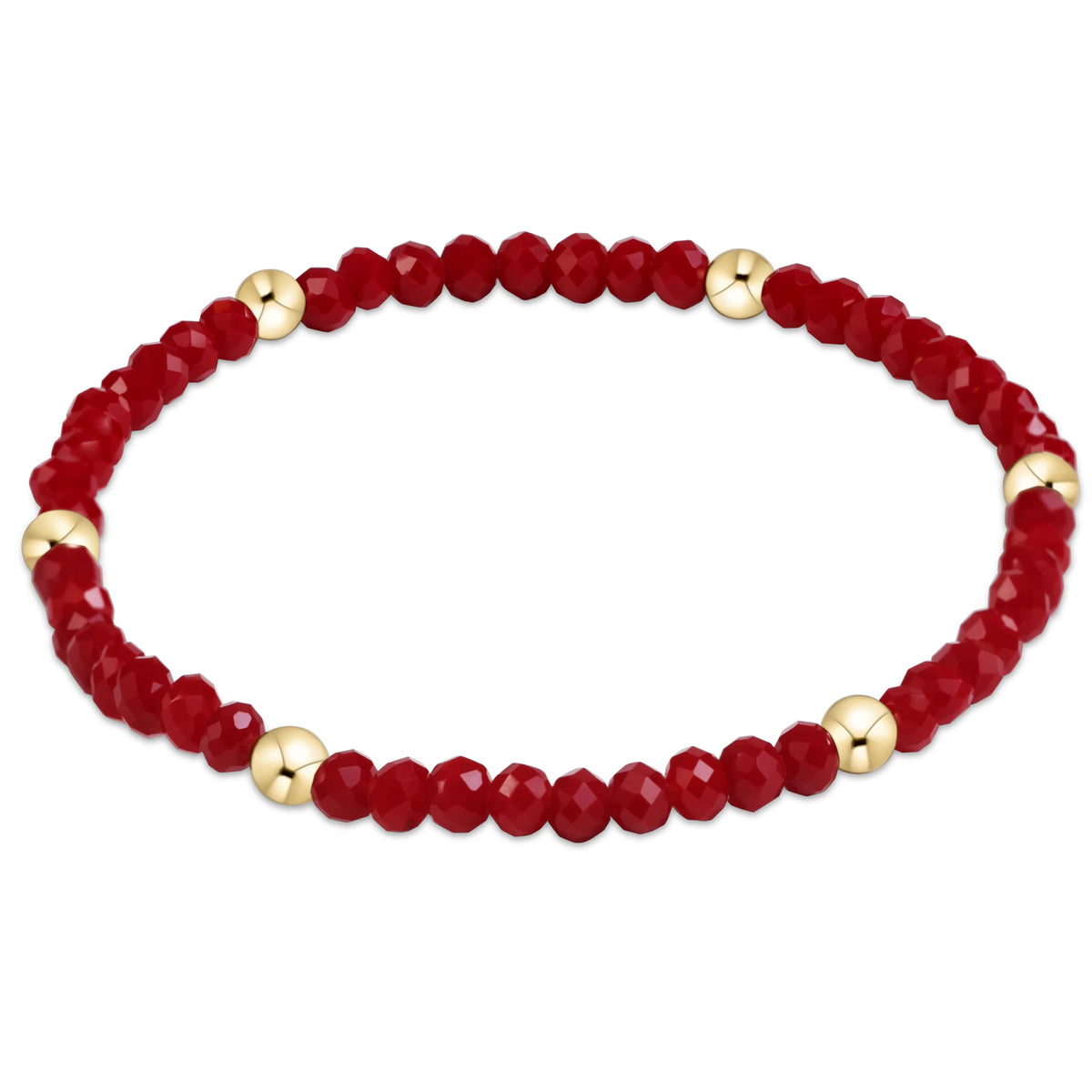 A beaded enewton gameday flirty presence stretch bracelet featuring faceted deep red beads and polished gold spacer beads, displayed on a clean white background.