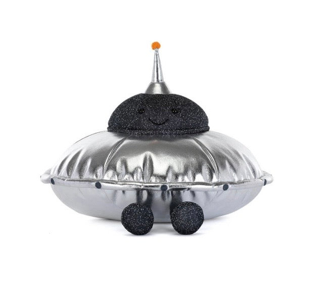 Toy resembling a silver UFO with a black robot head on a white background