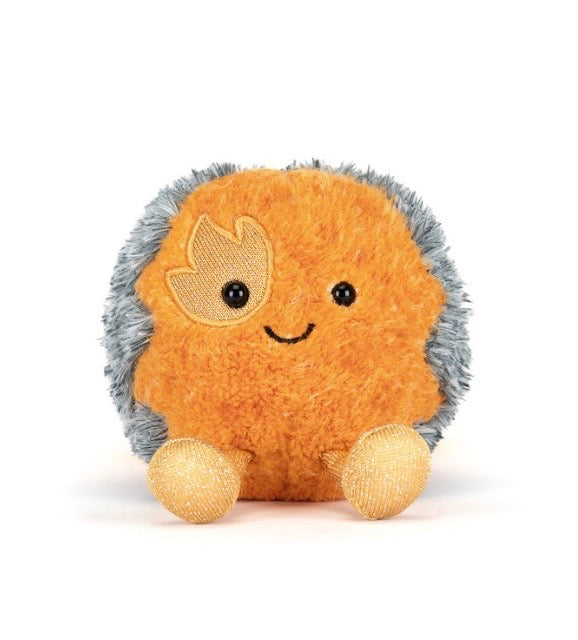 Plush toy hedgehog with a smiling face on a white background