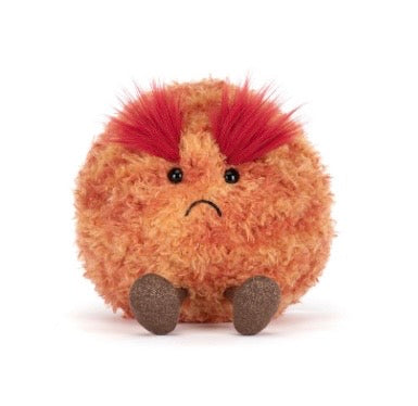 Plush toy resembling a hedgehog with red spiky hair on a white background