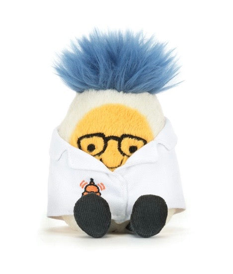 Plush toy resembling a scientist with blue hair and glasses 