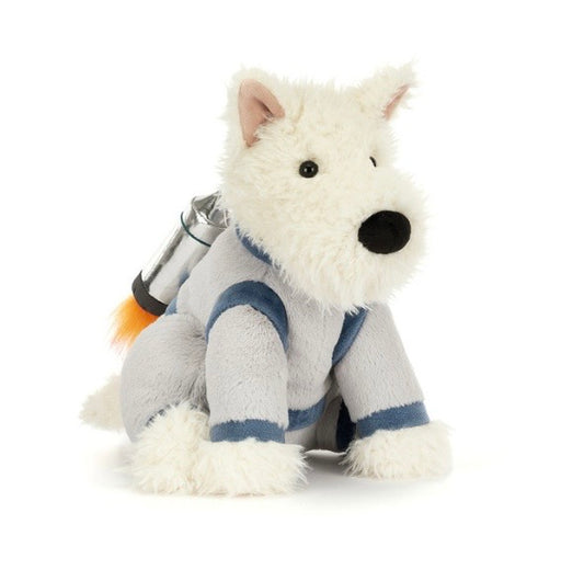 Jellycat Plush toy dog in space suit  holding a thermos ready for blast off