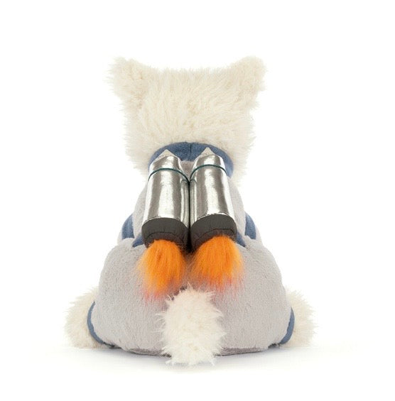 Plush toy resembling a dog with metallic engine boosters