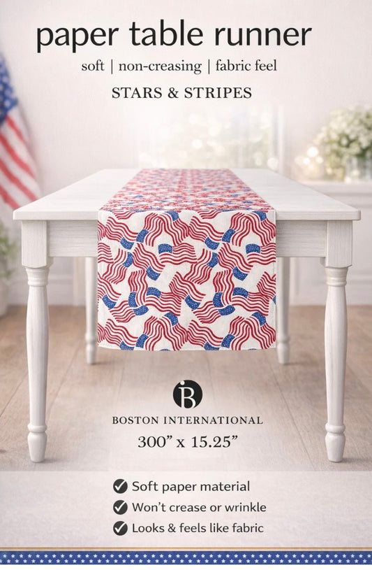 Table runner with stars and stripes design on a white table, with text describing product features.