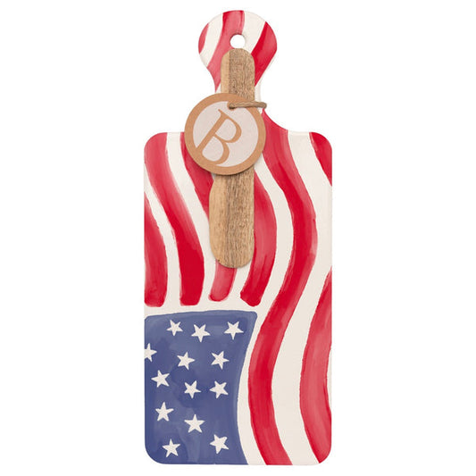 American flag-themed product with a brand tag on a white background