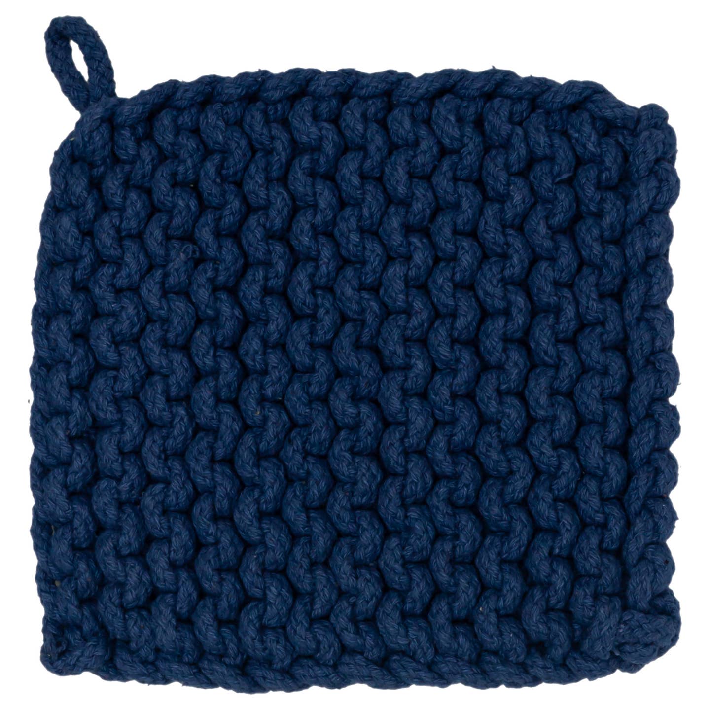 Blue knitted pot holder on a white background