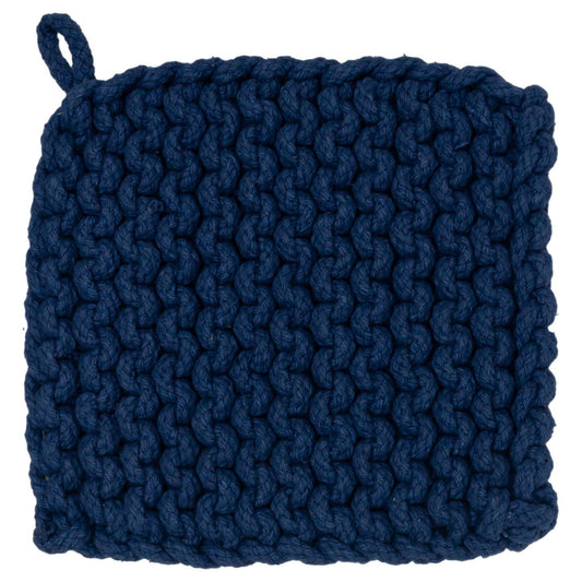 Blue knitted pot holder on a white background