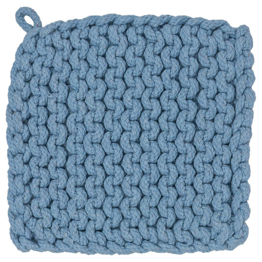 Blue knitted pot holder on a white background