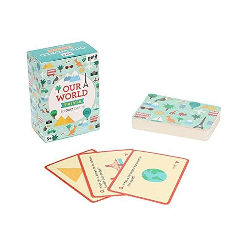 Card game set with 'Our World Trivia' packaging and cards on a white background