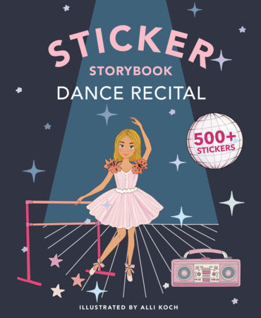 Sticker storybook cover with a ballerina illustration and text about stickers and dance recital.