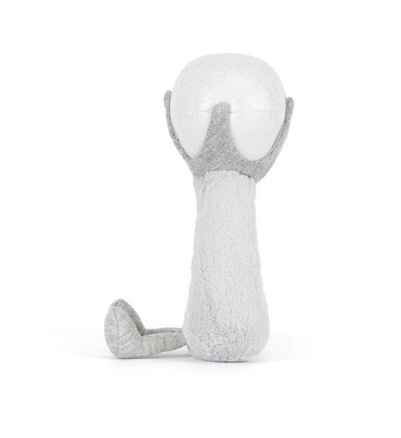 Gray plush toy with a round body and long neck a diamond ring.