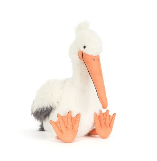 Jellycat Plush pelican toy with orange feet and beak