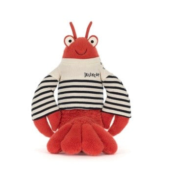 Plush toy lobster wearing a striped sweater on a white background