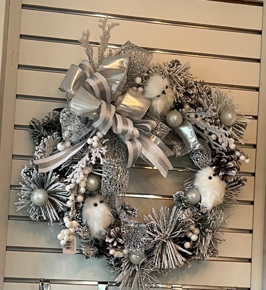 Custom Wreath Silver with Snow Owls