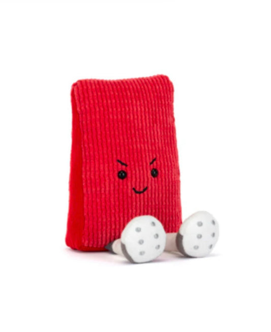 Red textured square with a face and white legs on a white background