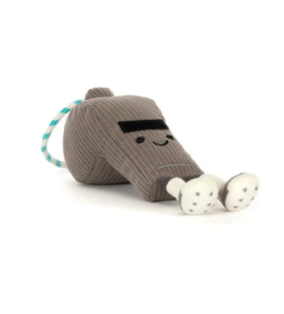Plush toy resembling a package with a face on a white background