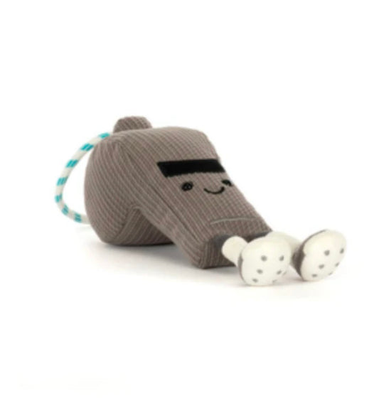 Plush toy resembling a package with a face on a white background
