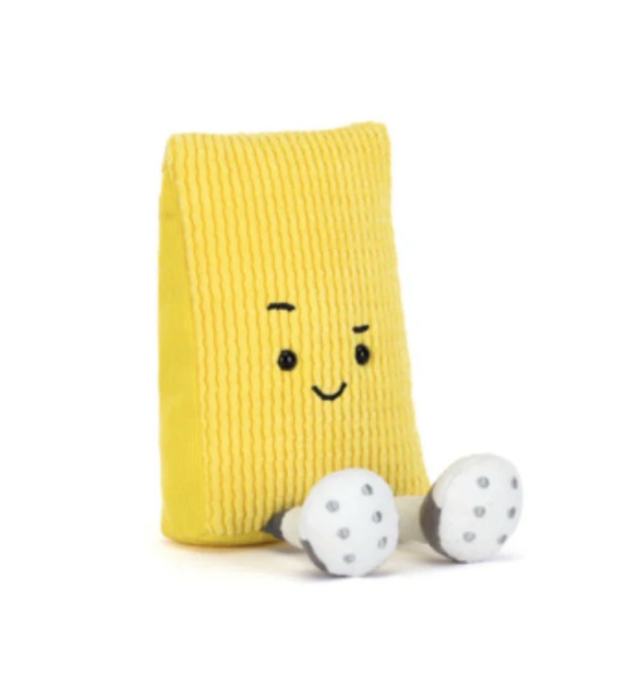 Yellow plush toy with a face on a white background
