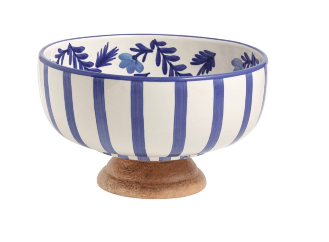 Decorative bowl with blue floral patterns and striped design on a white background