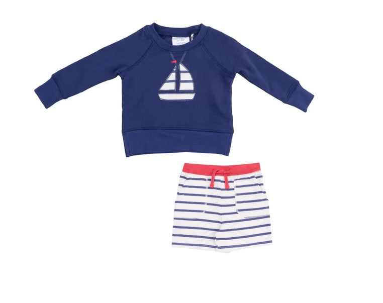 Angel Dear Sailboat French Terry 12-18m Raglan Sweatshirt w/Applique and Short