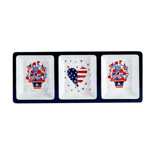 Three-section tray with patriotic designs on a white background