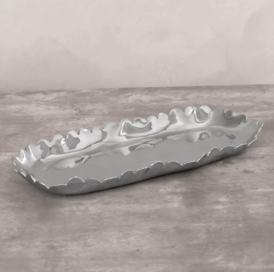 Decorative gray silver oblong tray with wavy edge