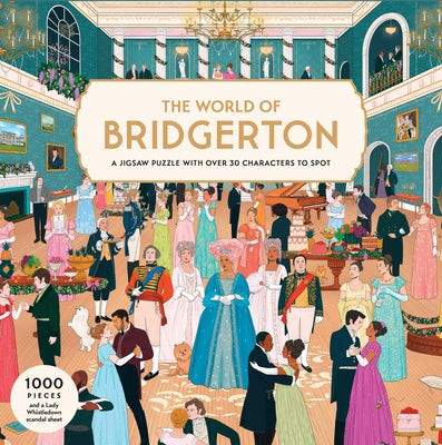 Illustrated cover of 'The World of Bridgerton' with characters from the show in a ballroom setting.