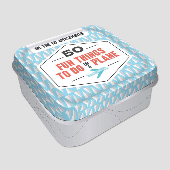 Tin box with '50 Fun Things to Do on a Plane' text on a light gray background