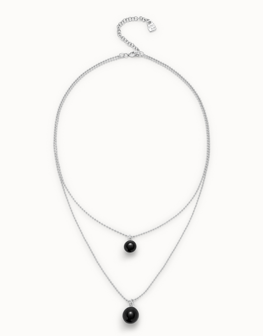 UNOde50 Ser Fascinante Silver Double Necklace with Black Murano Glass Pendants