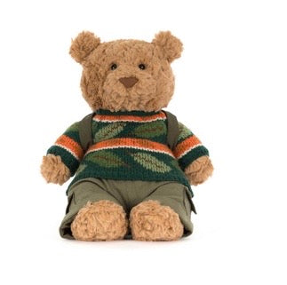 Stuffed teddy bear wearing a patterned sweater on a white background