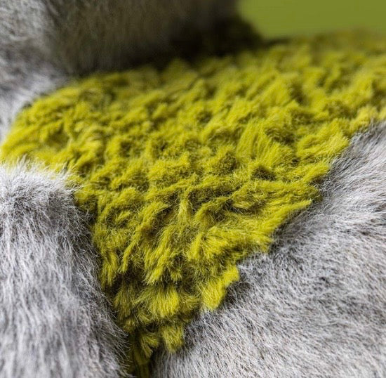 Close-up of a textured green blanket on a gray surface