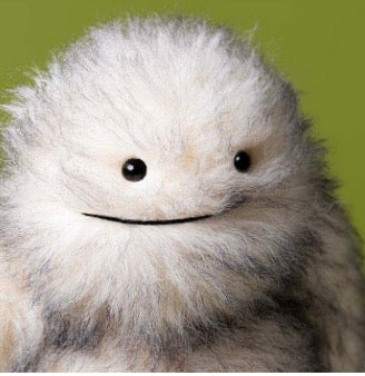 Plush toy with a round face and black eyes on a green background