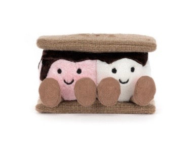 Plush toy resembling a marshmallow sandwich with two smiling faces on a white background