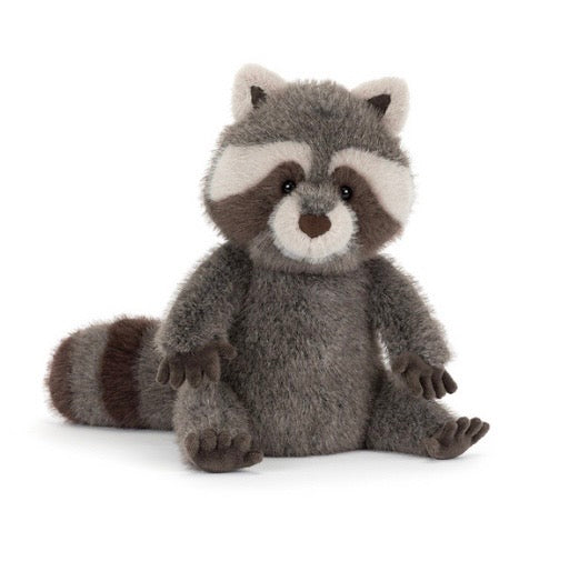 Plush Jellycat raccoon toy with striped tail