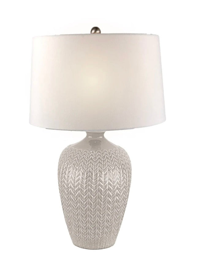 South Lake table lamp with textured beige base and white shade 