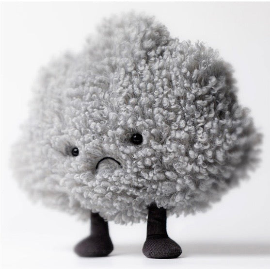 Plush toy with a textured gray body and black legs on a white background