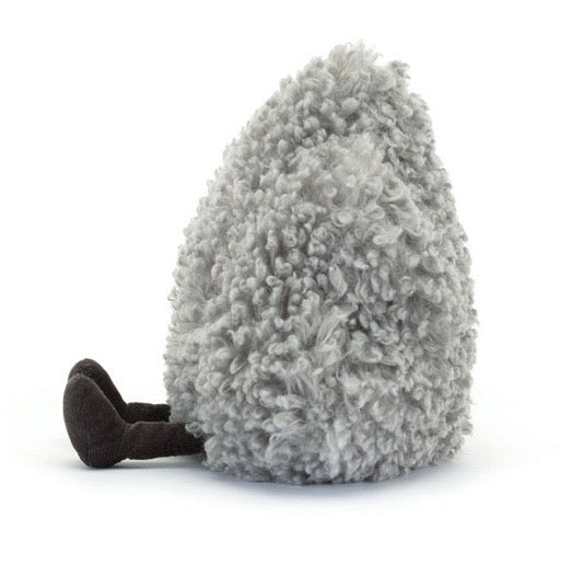 Plush toy resembling a hedgehog with a textured gray body on a white background