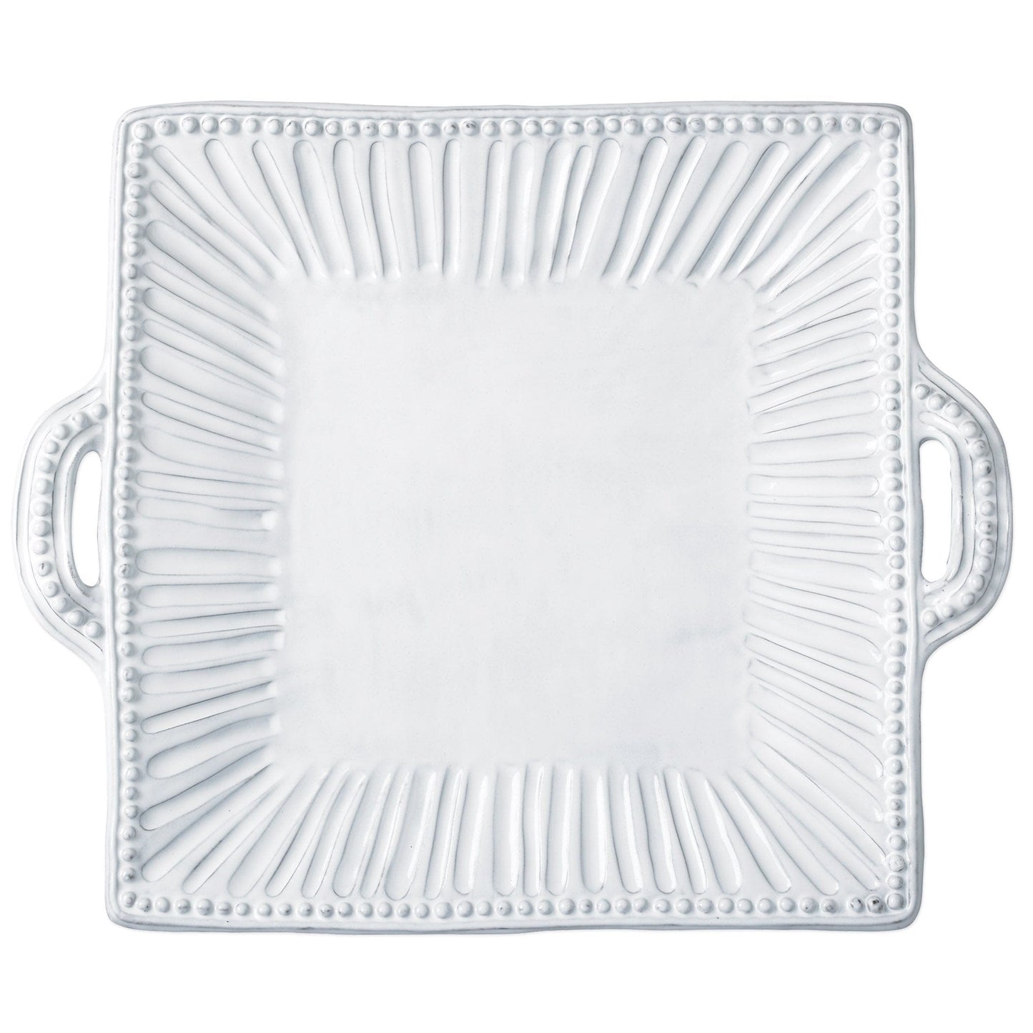 A square white ceramic serving platter with two side handles, featuring a beaded border and a sunburst textured pattern radiating from the center, shown on a plain white background.