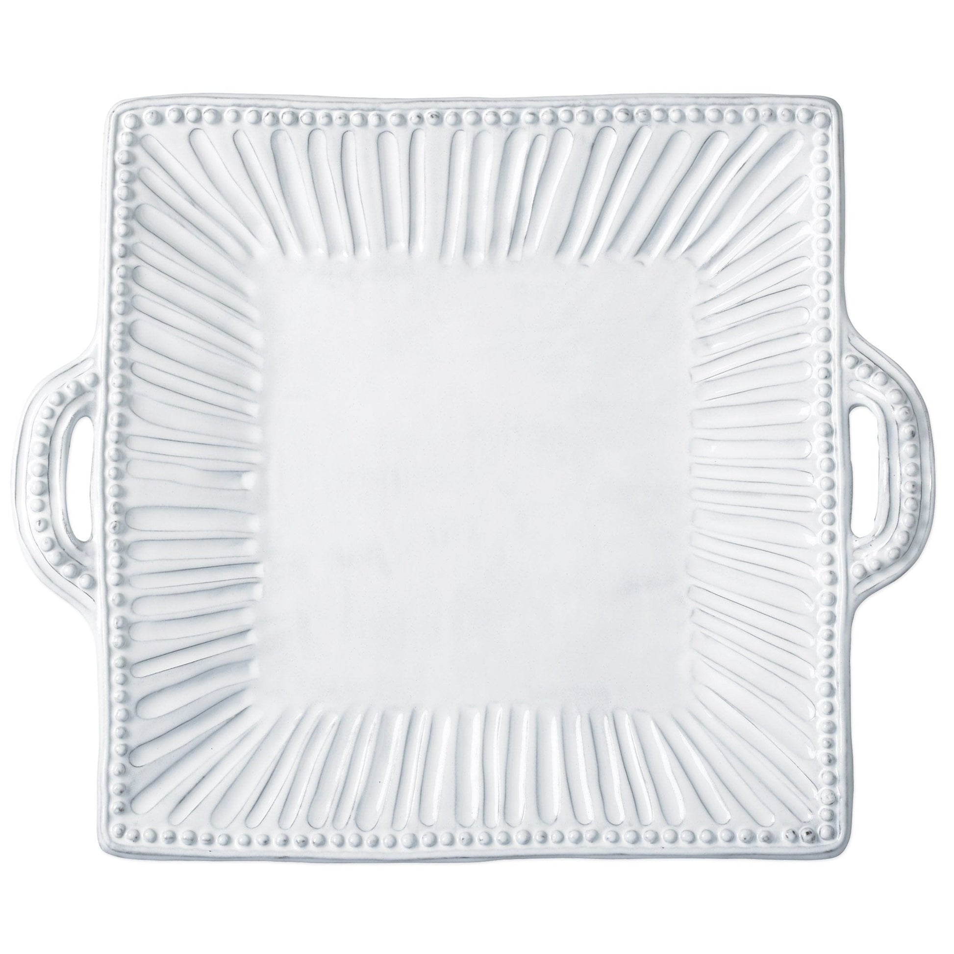 A square white ceramic serving platter with two side handles, featuring a beaded border and a sunburst textured pattern radiating from the center, shown on a plain white background.