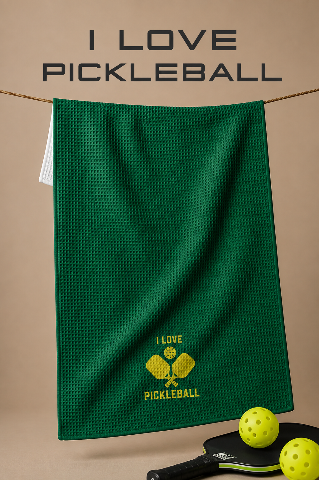 Geometry I love Pickleball Recreations Tea Towel is A dark green waffle-weave towel hanging from a string against a beige background, printed with a yellow pickleball graphic and the words 'I LOVE PICKLEBALL'. A pickleball paddle and two yellow pickleballs are visible at the bottom right, and the text 'I LOVE PICKLEBALL' is displayed at the top.  The Little Exchange SKU 116517