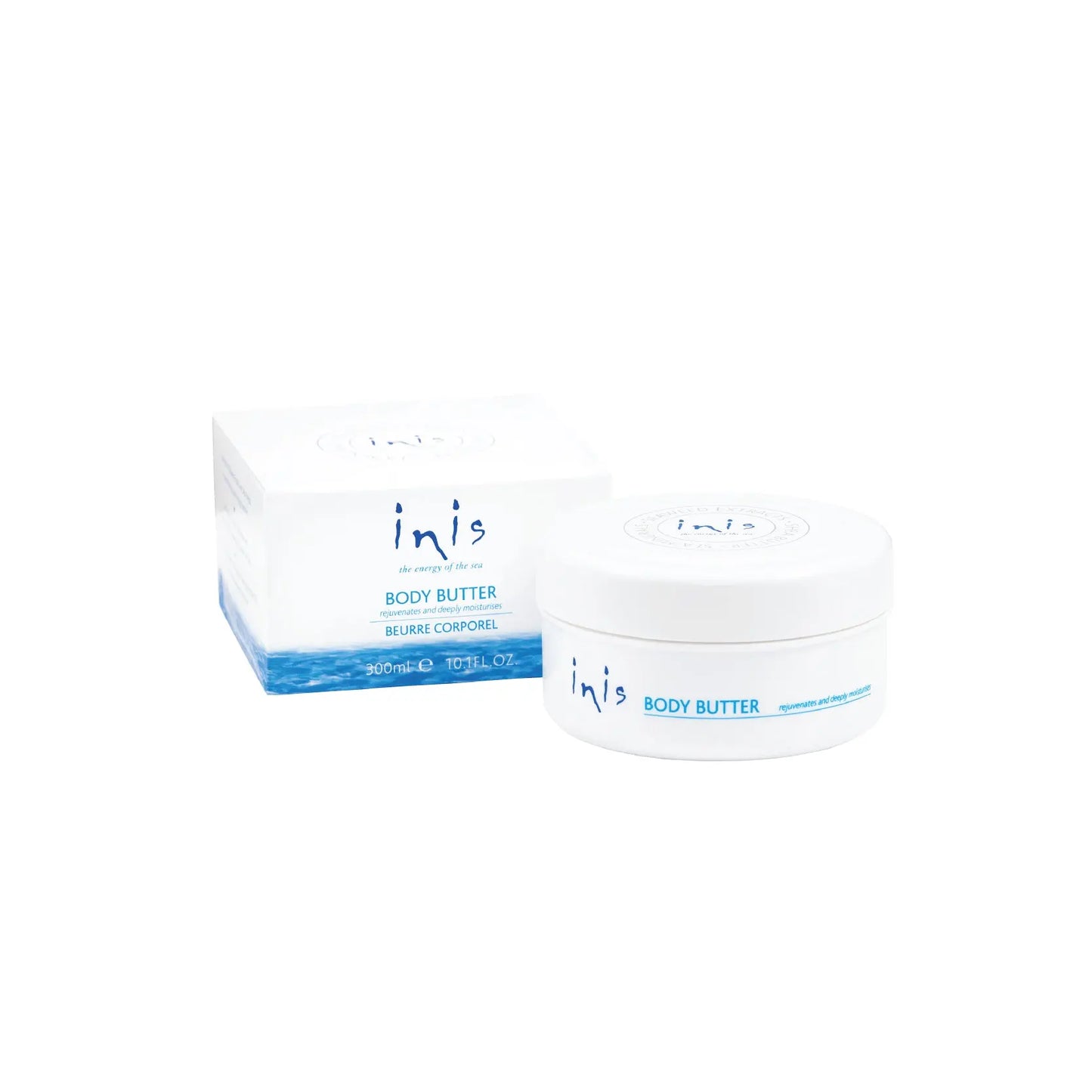 Two containers of 'inis' body butter on a white background