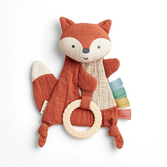 Plush fox Itzy Ritzy Bitzy Crinkle Sensory Crinkle Pal - Fox toy with a ring on a white background